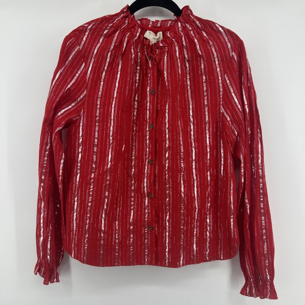 The Korner Size Small Red Metallic Stripe Ruffle Collar Blouse Business Holiday